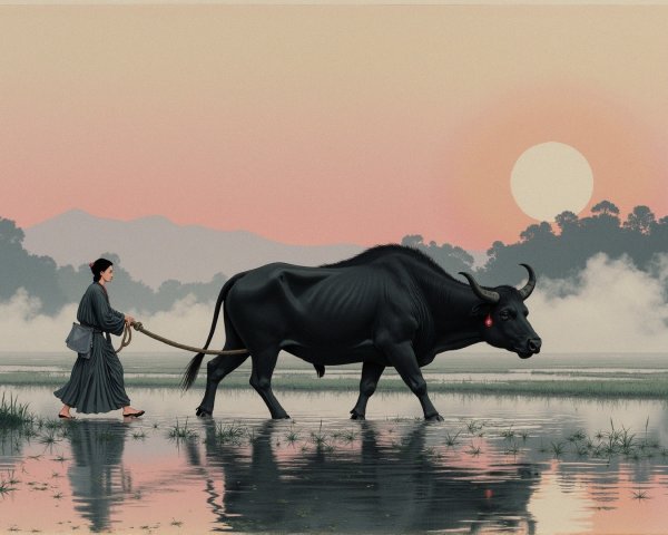 Serene Dawn Landscape with Water Buffalo in Misty Field
