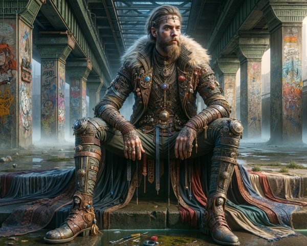 Majestic Figure in Armor Amidst Urban Graffiti