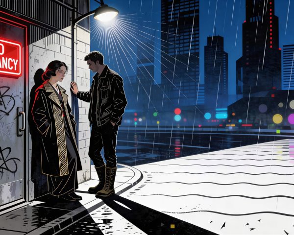Rainy Night Scene with Couple by Graffiti Door