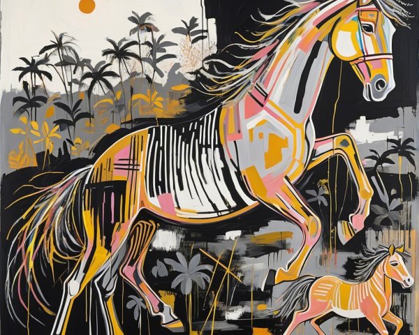 Vibrant Abstract Painting of Horses and Tropical Elements