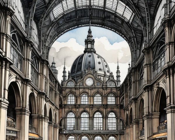 Grand architectural space with arched glass ceiling