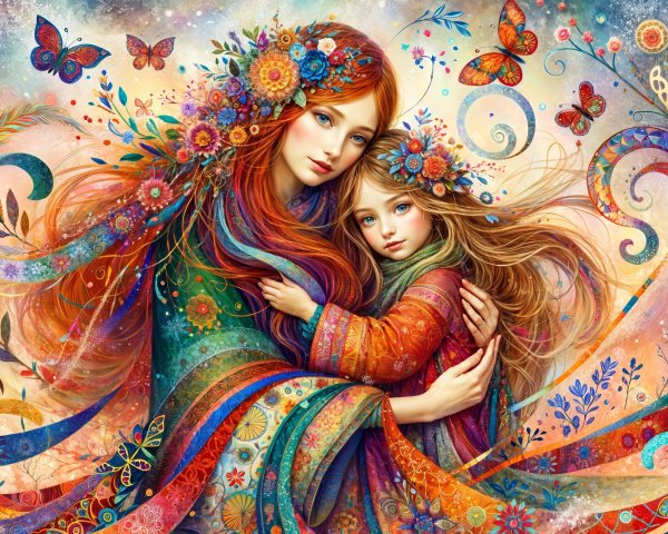 Colorful Illustration of Mother and Daughter Embrace