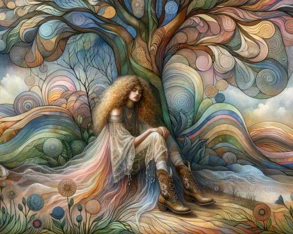 Ethereal Scene of a Woman by a Whimsical Tree