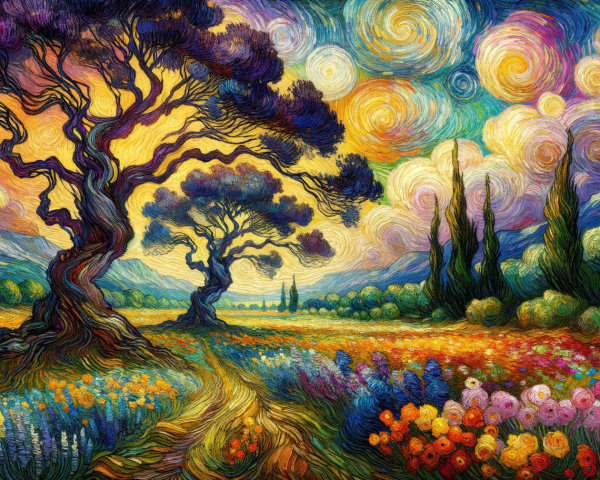 Vibrant Landscape with Swirling Skies and Trees