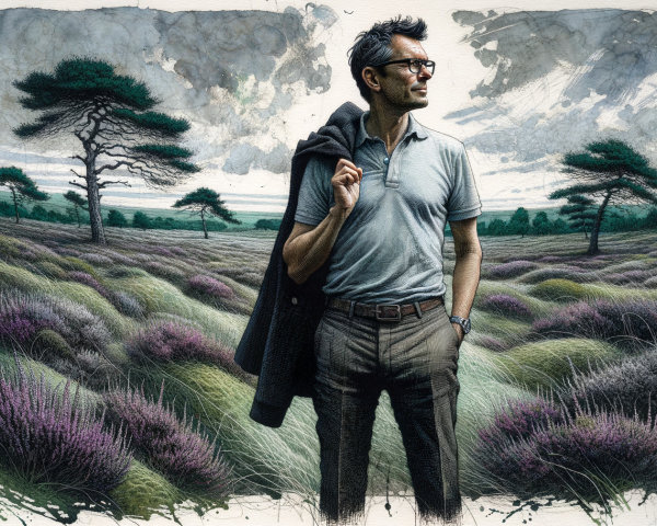 Thoughtful man in serene purple-heather landscape