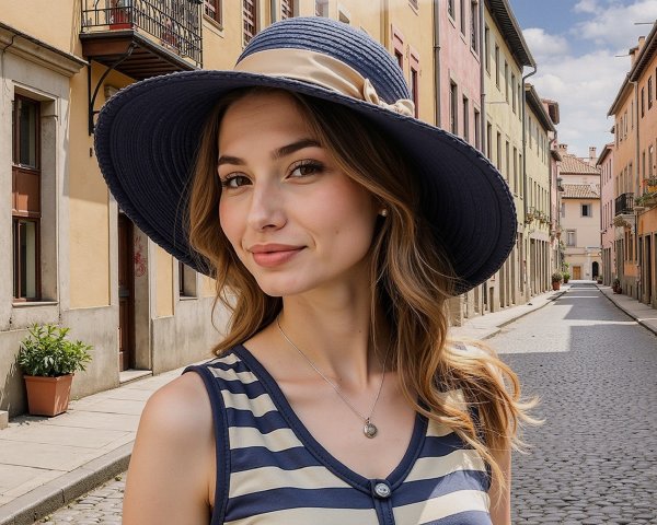 Young Woman in Stylish Hat on Cobblestone Street