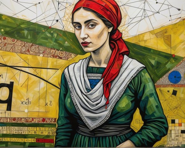 Woman in Red Headscarf and Green Dress in Abstract Art