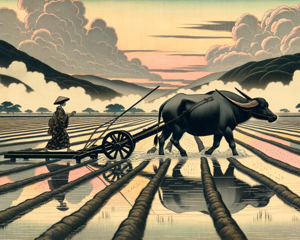 Serene Landscape of Farmer and Water Buffalo in Fields