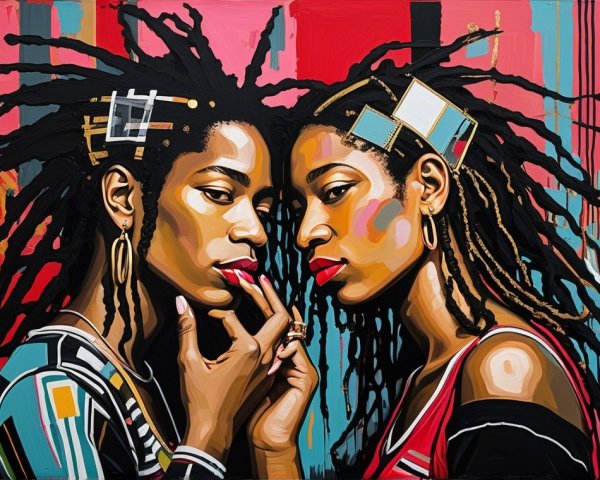 Artwork of Two Women with Vibrant Dreadlocks and Colors