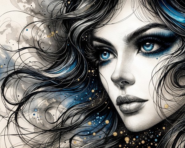 Illustration of a woman's face with blue eyes and hair