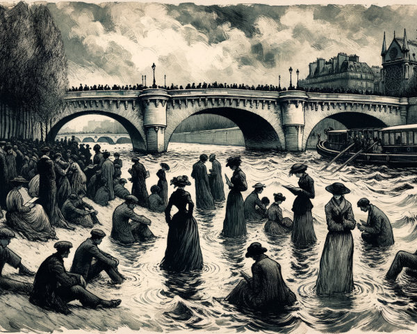 Historical riverbank scene with figures and bridge