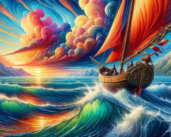 Vibrant Sailing Ship Against Dynamic Blue Waves
