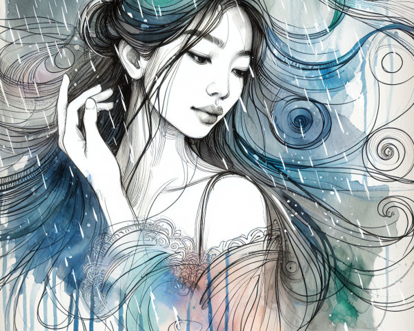 Watercolor Illustration of a Contemplative Woman