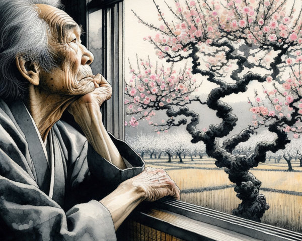 Elderly Man Contemplating by Cherry Blossom Tree