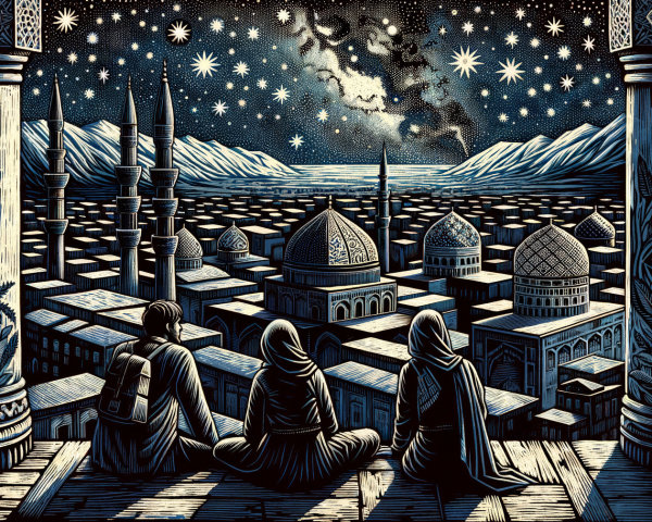 Stylized Illustration of Three People Overlooking City at Night