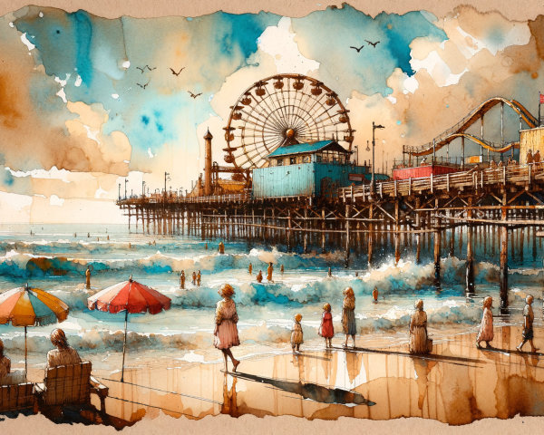 Vibrant Seaside Scene with Pier and Ferris Wheel