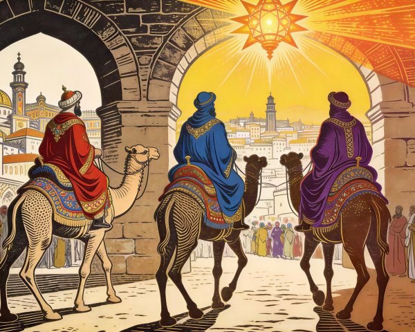 Three Male Figures on Camels Under Glowing Star