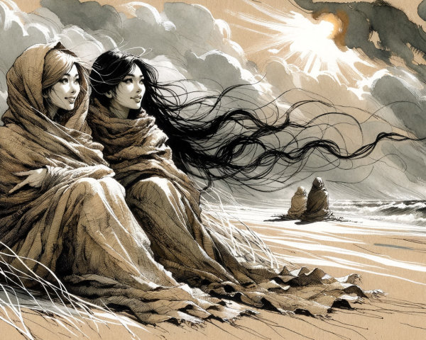 Women in Shawls on a Beach with Dynamic Clouds