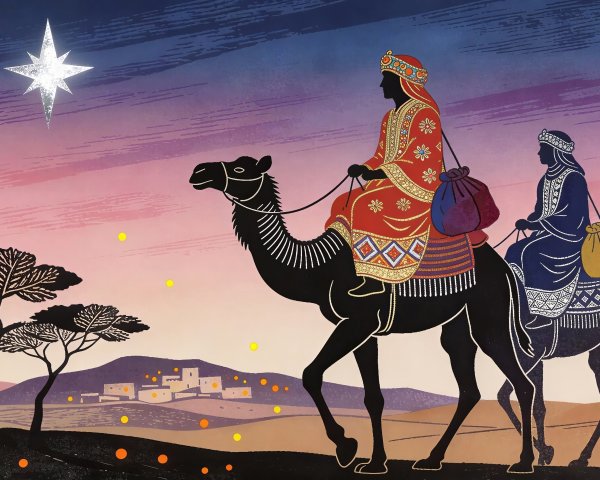 Regal Figures on Camels Against Twilight Sky