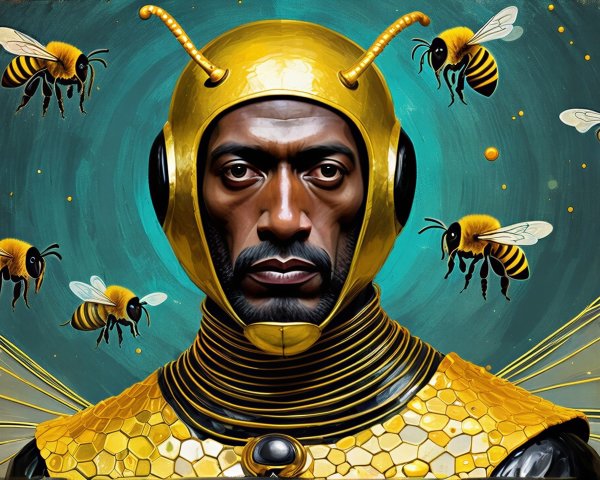Futuristic figure with golden bee-themed helmet and wings