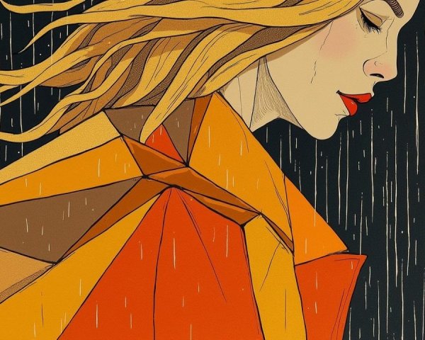 Stylized Illustration of Woman in Rain with Orange Coat