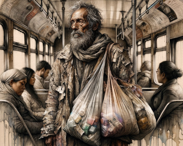Weathered Man in Subway Car with Heavy Bags