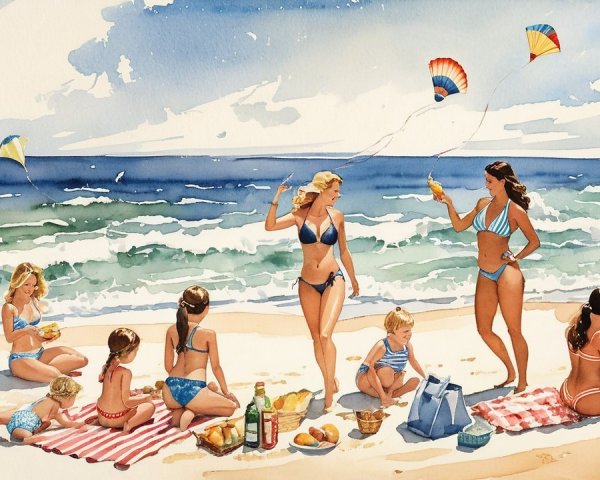 Watercolor Beach Scene with Women and Children