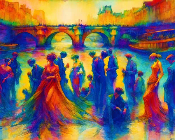 Impressionistic Scene of Figures by a Riverbank