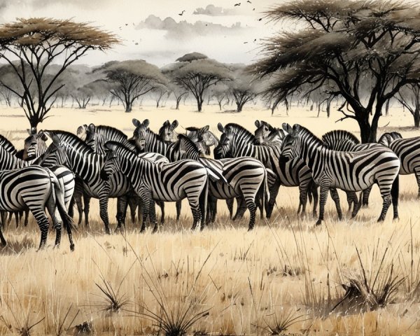 Zebras in a Serene Golden Grassland Landscape
