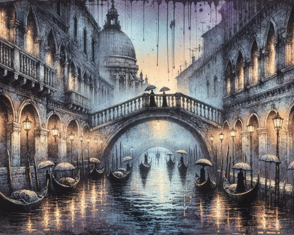 Serene Night Scene in a Venetian Canal with Gondolas