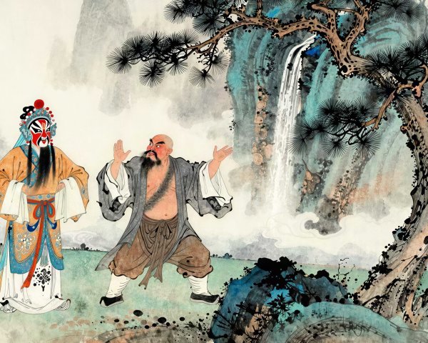 Chinese Watercolor of Two Figures in Vibrant Landscape