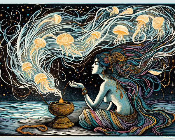 Serene Figure with Jellyfish Under Starry Sky