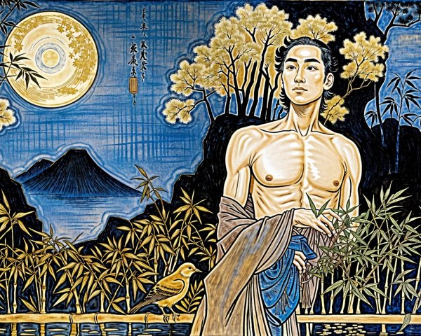 Serene Young Man in Bamboo with Full Moon Background