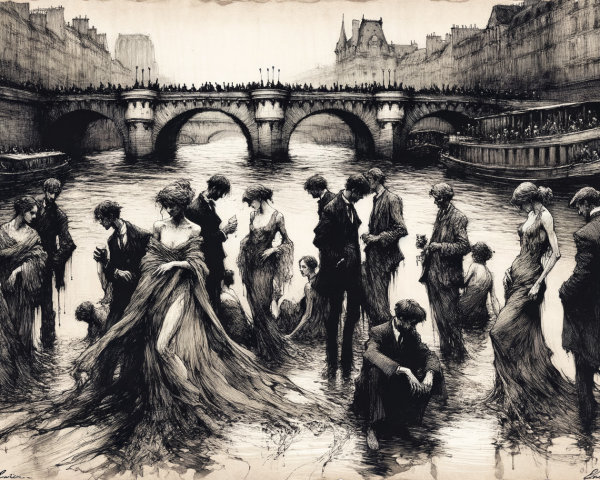 Elegant Figures by a River with Historic Bridge