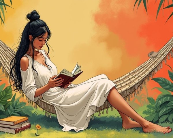 Young Woman in Hammock Surrounded by Tropical Greenery