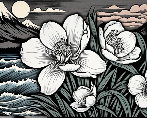 Vibrant White Flowers Against Serene Mountain Landscape