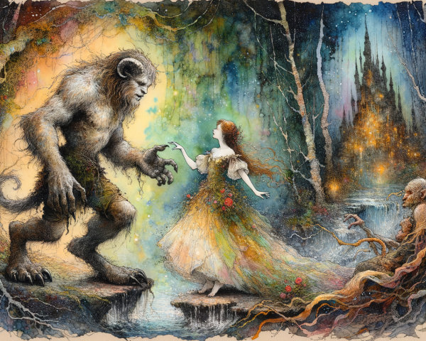 Gentle Giant and Whimsical Woman in Magical Forest