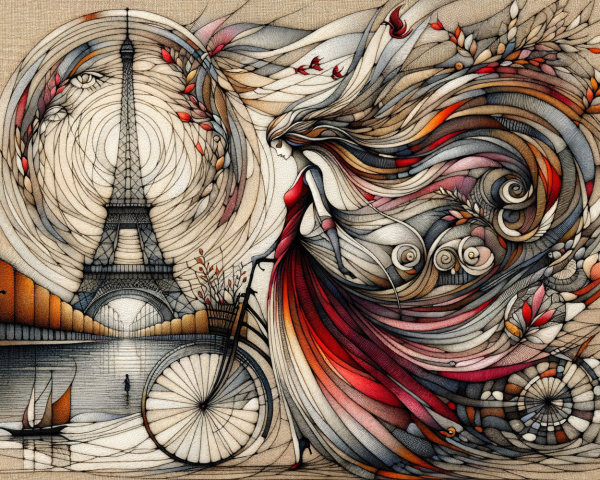 Whimsical Woman in Red Dress by Eiffel Tower