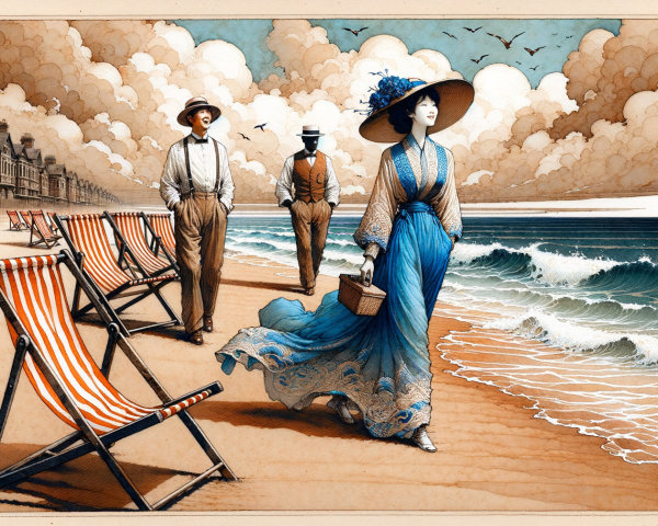 Vintage beach scene with elegant dress and gentlemen