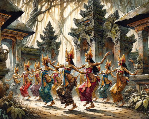 Vibrant Traditional Balinese Dance in Temple Setting