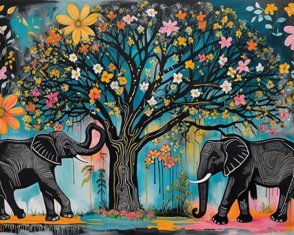 Colorful Artwork of Elephants Under a Stylized Tree