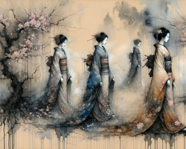 Elegant Figures in Kimonos Under Cherry Blossoms
