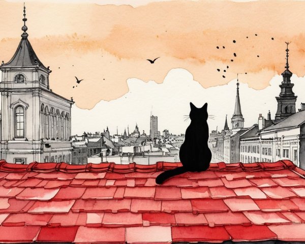 Cityscape at Dusk with Cat and Warm Sky Hues