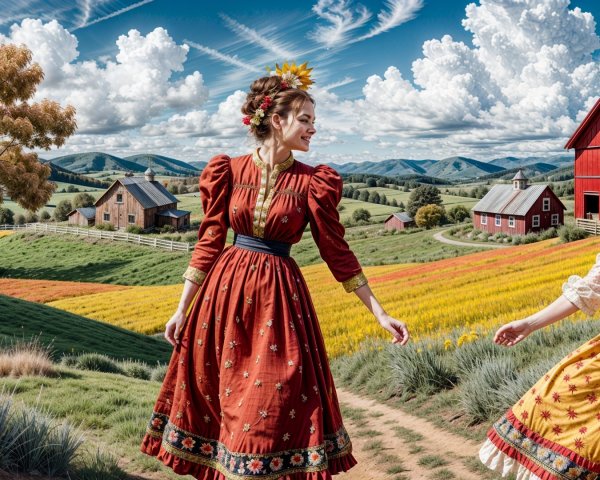 Women in Traditional Dresses in Vibrant Countryside