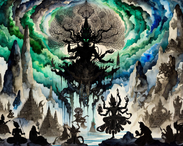 Vibrant Watercolor of Towering Silhouette and Mountains