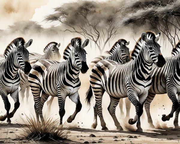 Zebras Galloping in a Dusty Safari Landscape