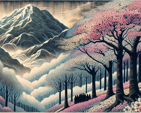 Serene Landscape with Mountains and Cherry Blossoms