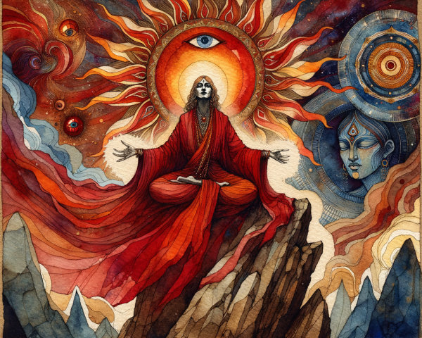 Mystical Figure Meditating on a Jagged Mountain