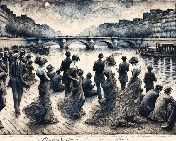 Vintage Scene of Elegantly Dressed Figures by River