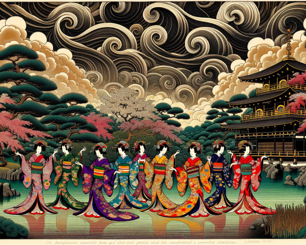 Elegant Women in Kimonos by a Tranquil Pond